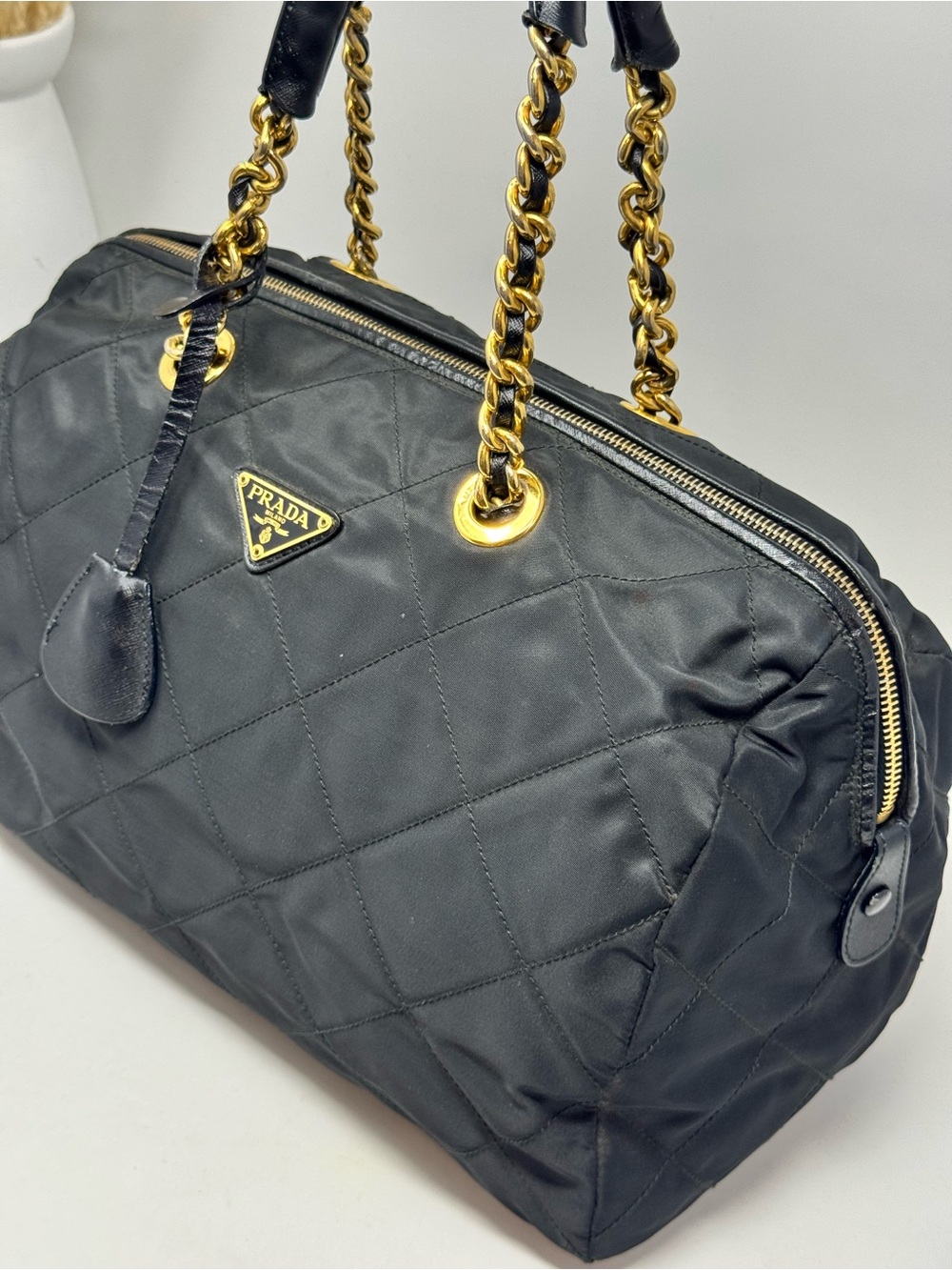💯Authentic PRADA Black Nylon Triangle Golden Chain Shopper Bag - Picture 3 of 10